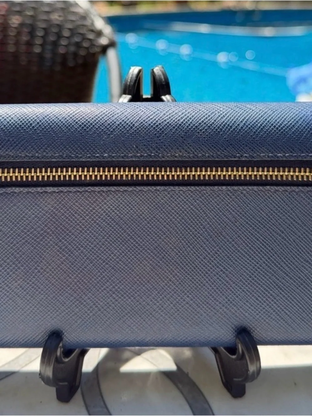 Prada Navy Saffiano Leather Continental Wallet with Gold Logo and COA